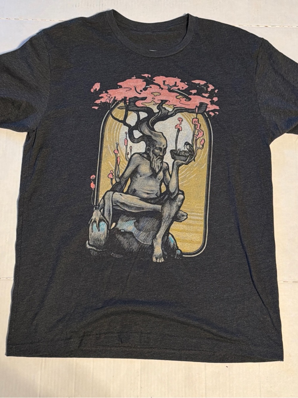 Charcoal Graphic Short Sleeve Tee with Pink and Gold Illustration